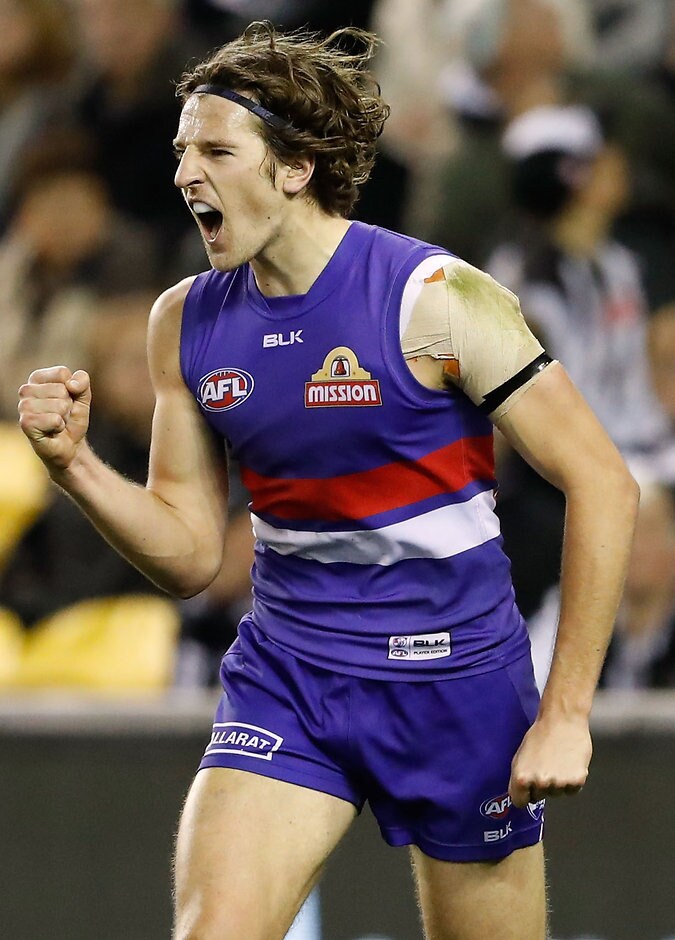 AFL 2016 Rd 21 - Western Bulldogs v Collingwood MELBOURNE, AUSTRALIA - AUGUST 12: Marcus Bontempelli of the Bulldogs celebrates a goal during the 2016 AFL Round 21 match between the Western Bulldogs and the Collingwood Magpies at Etihad Stadium on August 12, 2016 in Melbourne, Australia. (Photo by Adam Trafford/AFL Media)